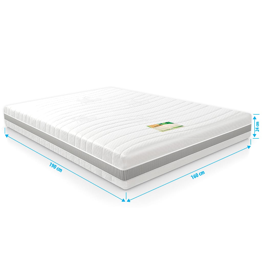 Matras Traagschuim Nasa-Bamboo op micro pocketveren 160x190 NASA traagschuim matras 160x190 cm met bamboe tijk, 24 cm dik, voorzien van 7 comfortzones, koudschuim onderlaag en ademend design voor ultiem slaapcomfort.