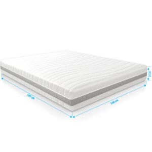 Matras 160x190 cm voor personen tot 150 kg, met 7 comfortzones, HR 45 koudschuim en stevige pocketvering, geschikt voor boxspring en antiallergisch hoesmateriaal.