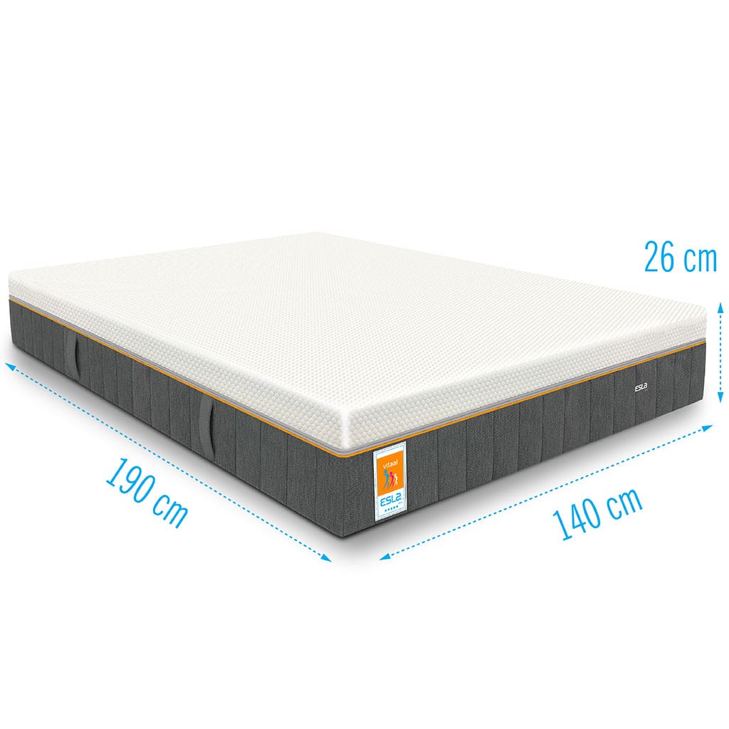 Matras-ESLA-Vitaal-Gelfoam-Pocketvering-140x190-dikte-26-cm zijaanzicht op een dik matras met een grijze onderkant, witte bovenkant, matras ESLA Vitaal Gelfoam Pocketvering, lengteaanduiding 190x140 cm