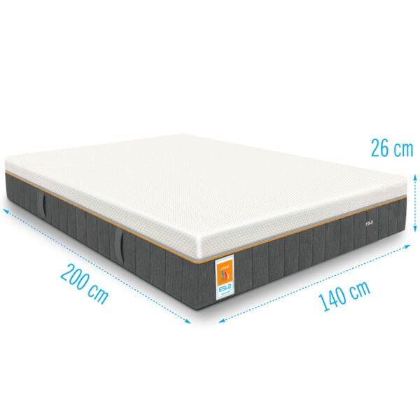 Schuin zijaanzicht op een dik matras, matras ESLA Vitaal Gelfoam Pocketvering, afmeting aanduiding 200 cm x 140 cm x 26 cm
