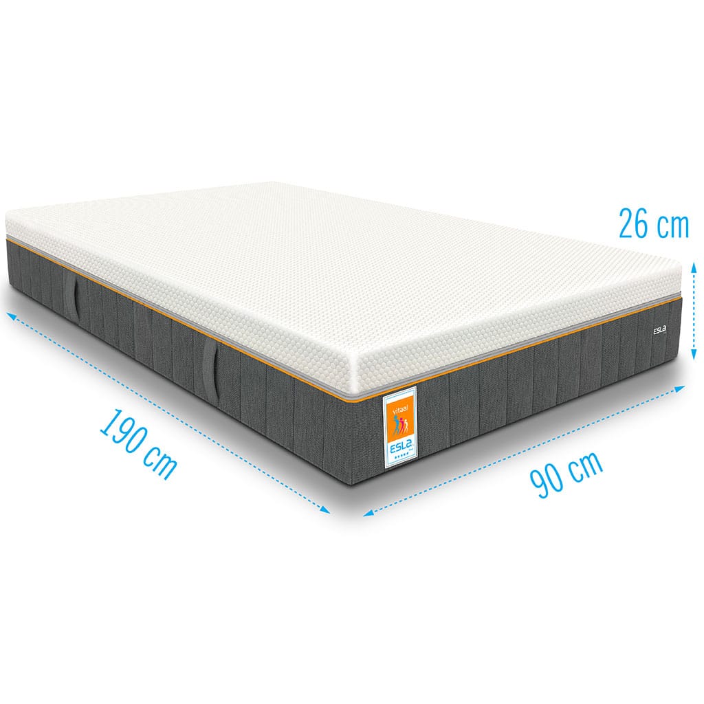 Matras-ESLA-Vitaal-Gelfoam-Pocketvering-90x190-dikte-26-cm Zijaanzicht op matras ESLA Vitaal Gelfoam Pocketvering, afmetingaanduiding 190x90x26 cm. Matras is grijd aan de onderkant, met een oranje streep in het midden en wit aan de bovenkant