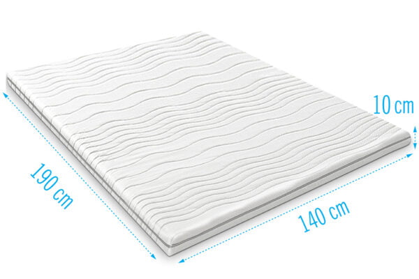 schuin bovenaanzicht op hard topdekmatras 140x190 cm, dikte 10 cm, wit met grijze ritssluiting, afmeting aanduidingen