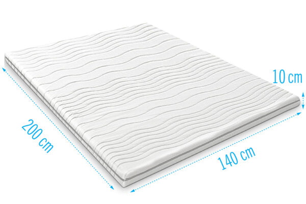 harde topdekmatras 140x200, dikte 10 cm, bovenaanzicht met afmeting aanduiding, wit met grijze ritssluiting in het midden