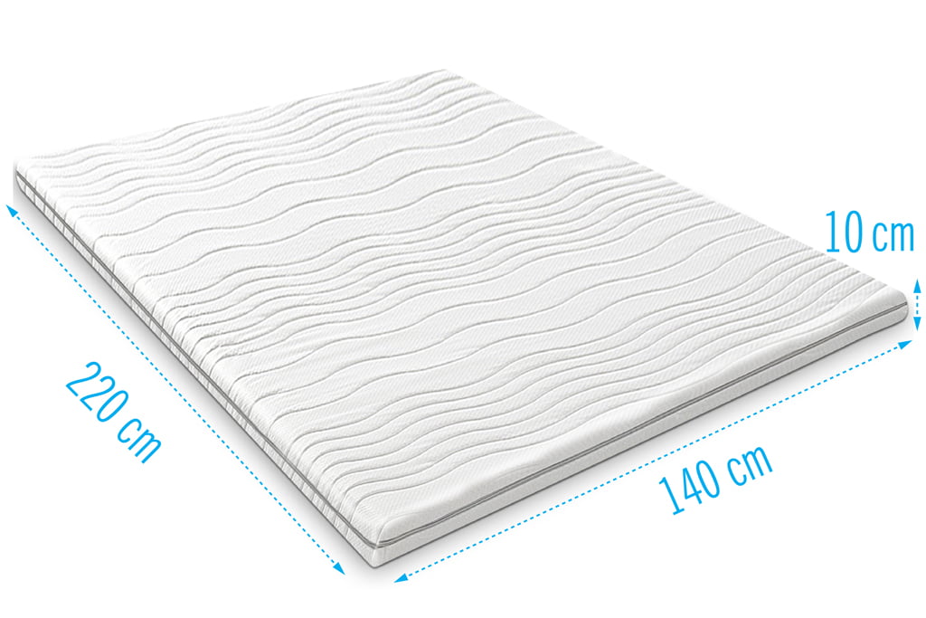 Harde-topdekmatras-140x220-dikte-10-cm-19 schuin bovenaanzicht op harde topdekmatras, wit met grijze ritssluiting in het midden, afmeting aanduiding 220 cm bij 140 cm, dikte 10 cm