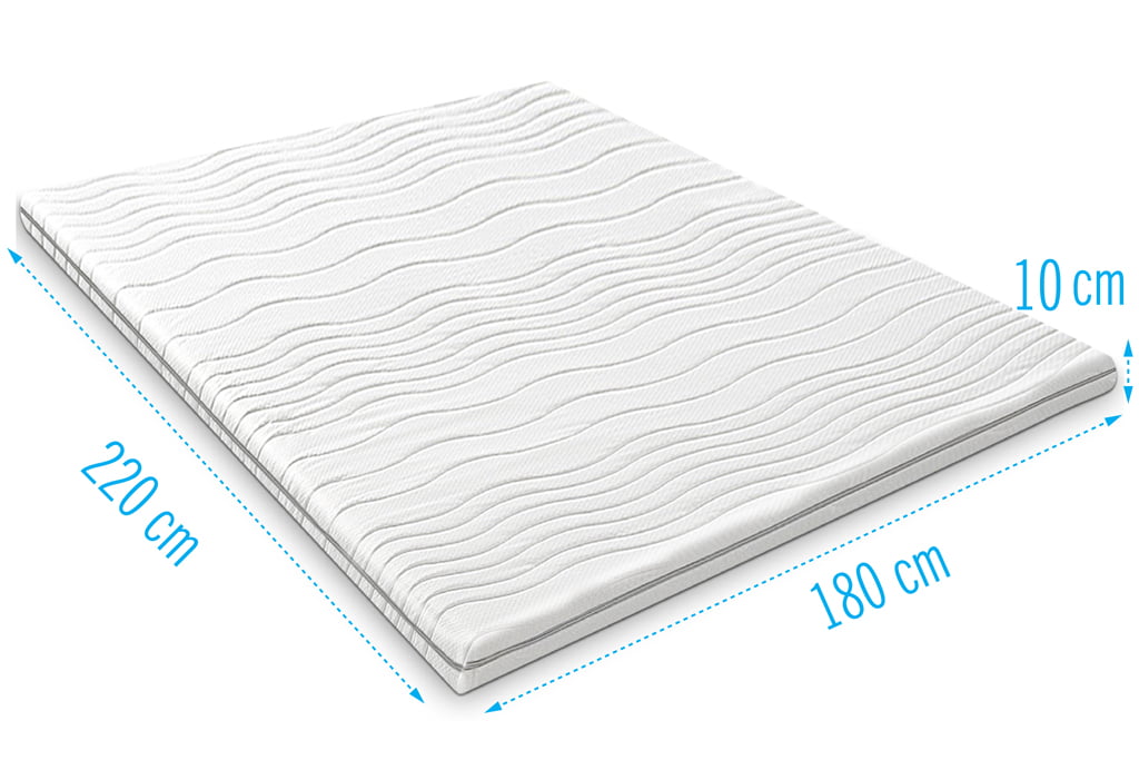 Harde-topdekmatras-180x220-dikte-10-cm-27 schuin bovenaanzicht op harde topdekmatras, afmeting aanduiding 220 cm x 180 cm x 10 cm, witte topper met grijze ritssluiting