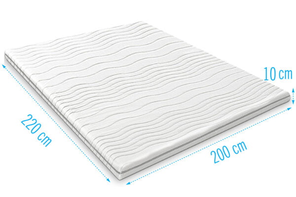 schuin bovenaanzicht op hard topdekmatras, wit, afmeting aanduiding 220 cm x 200 cm x 10 cm