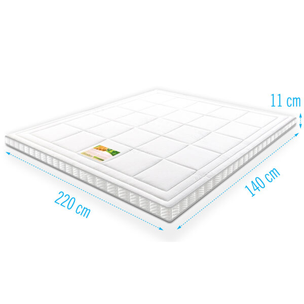 koudschuim topdekmatras, 140x220 cm, afmeting aanduiding, schuin zijaanzicht, dikte 11 cm