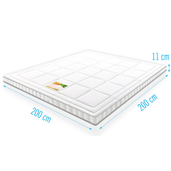 bamboe topper koudschuim, schuin zijaanzicht, afmeting aanduiding 200 bij 200 cm, dikte 11 cm