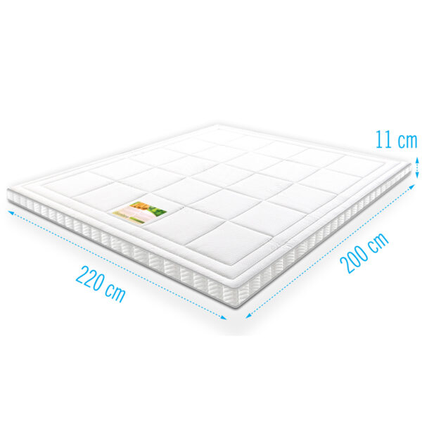 schuin zijaanzicht op koudschuim topdekmatras, afmeting aanduiding 200x220 cm, dikte 11 cm