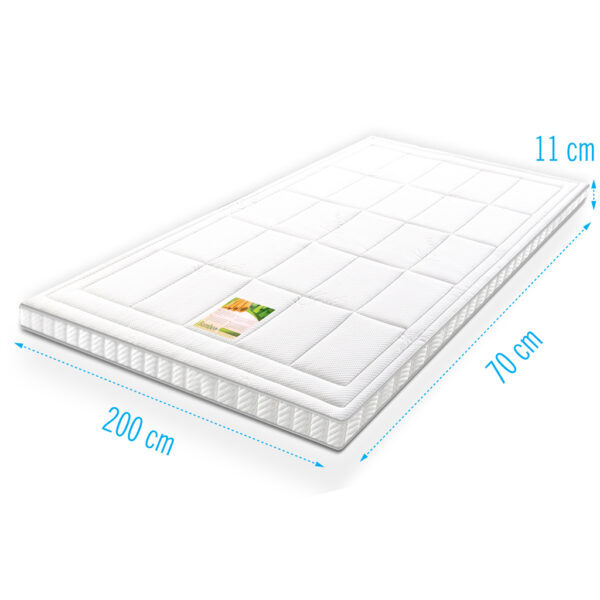 koudschuim topmatras bamboe, 70x200, afmeting aangeduid, schuin zijaanzicht, dikte 11 cm