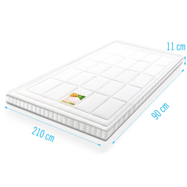 koudschuim topper bamboe, schuin zijaanzicht, 90x210 aangeduid, dikte 11 cm