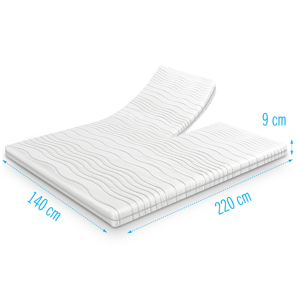 Koudschuim splittopper dikte 9 cm Koudschuim split-topdekmatras 140x220 cm met 9 cm dikte, ontworpen voor verstelbare bedbodems, met ademende tijk en ergonomische ondersteuning.