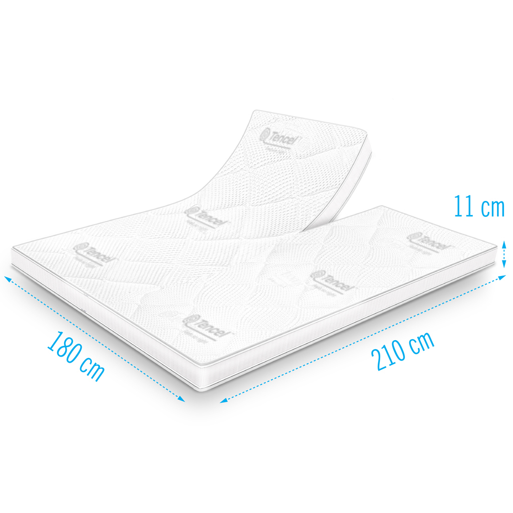 Koudschuim splittopper Tencel DeLuxe dikte 11 cm Luxe koudschuim split-topdekmatras 180x210 cm met 11 cm dikte en Tencel tijk, geschikt voor verstelbare bedbodems en uitstekende ventilatie.