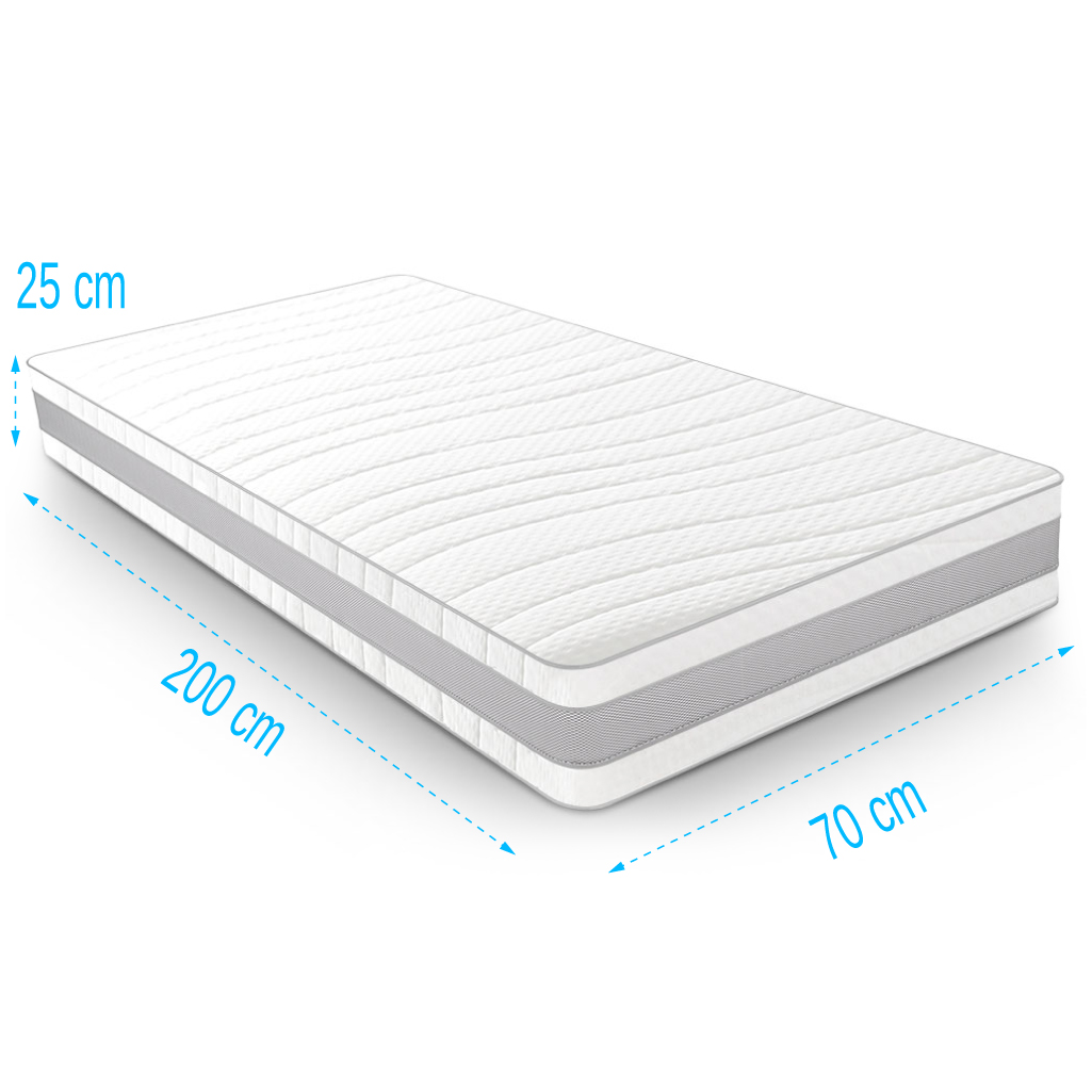 Matras pocketvering 7 Comfort Zilver 70x200 dikte 25cm Matras 70x200 Pocketvering 7 Comfort Zilver 25 cm dik, compact eenpersoons pocketveermatras met 7 comfortzones, tonvormige pocketveren en uitstekende ventilatie
