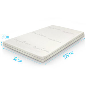 Topdekmatras 90x220 Organic Cotton koudschuim 9 cm dik, extra lang eenpersoons topper met ademende organic cotton tijk