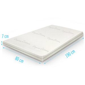 Topdekmatras 80x190 Organic Cotton traagschuim 7 cm dik, eenpersoons topper met NASA-schuim kern en ademende organic cotton tijk